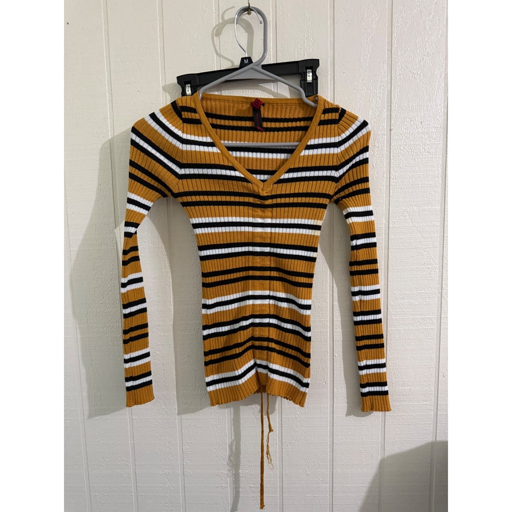 Yoki Mustard Yellow Striped Ribbed V-Neck Sweater Long Sleeve Cinched Front Top